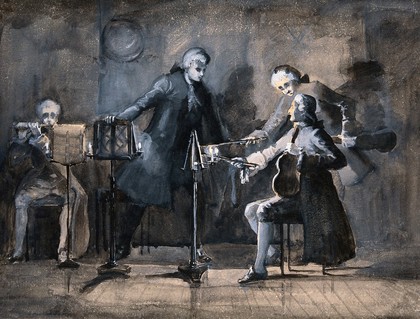 A quartet of musicians tuning up; two violinists point to their scores with their bows. Watercolour.