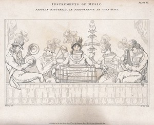 view Musicians at Vauxhall Gardens playing a variety of instruments including, a tambourine, drum and cymbals. Etching by J. Lee after E. Burney.