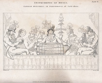 Musicians at Vauxhall Gardens playing a variety of instruments including, a tambourine, drum and cymbals. Etching by J. Lee after E. Burney.