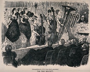 view A sextet of women musicians performing before an audience of men. Wood engraving by Swain after G. Du Maurier, 1875.