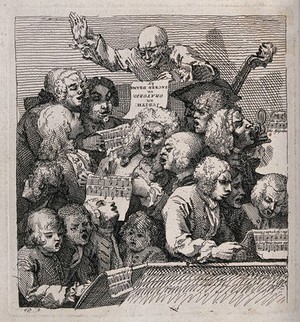 view A choir of men and boys rehearsing a performance of an oratorio. Etching by W. Hogarth, 1736.