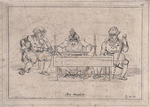 view As a woman plays the piano, two string-players, one with a violin and the other with a cello, express dissatisfaction. Etching by J. Gillray, 1800, after B. North.