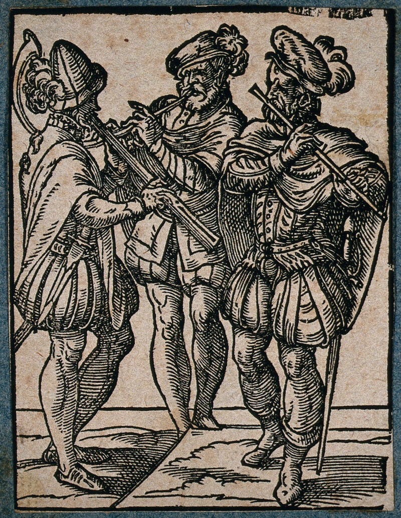 Three men playing wind instruments. Woodcut by Jost Amman, 1568., [1568], by Jost Amman