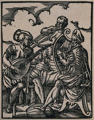 view Three men playing wind and string instruments. Woodcut by Jost Amman, 1568.