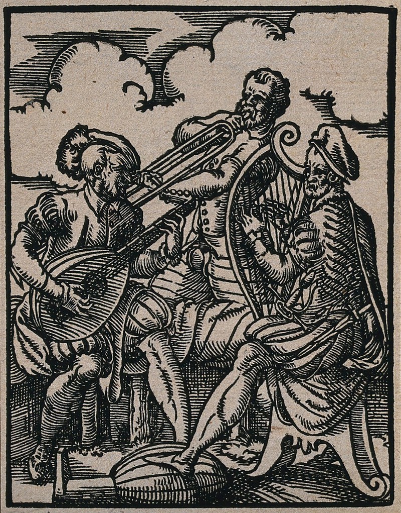 Three men playing wind and string instruments. Woodcut by Jost Amman, 1568., [1568], by Jost Amman