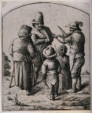 view A man, a woman and two children stand and listen to a man playing a violin. Etching by D. Deuchar, 1802, after A. van Ostade.