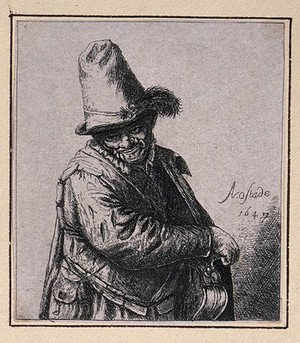 view A man wearing a cap with a feather in it is playing a hurdygurdy. Etching by D. Deuchar after Adriaen van Ostade.