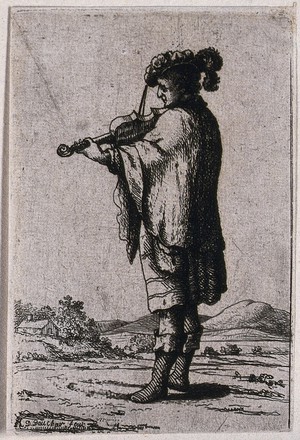 view A man wearing Scottish dress playing a violin in a rolling landscape. Etching by D. Deuchar.