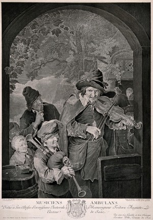 view Two musicians play their instruments in a doorway to amuse the passers-by. Engraving by J.G. Wille after Dietricy.