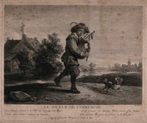 A man is carrying a set of bagpipes as he leaves a village with a dog running at his feet. Engraving by J. Beauverlet after David Teniers.