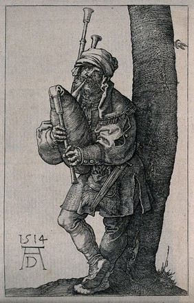 A man is leaning against a tree and playing the bagpipes. Engraving after or by, or heliogravure after, Albrecht Dürer.