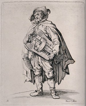 view A man wearing a cloak and a wide-brimmed hat is carrying a hurdy-gurdy. Etching by R. Blake after J. Callot.