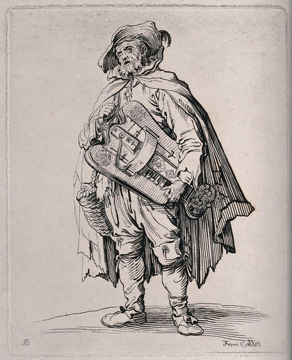 A man wearing a cloak and a wide-brimmed hat is carrying a hurdy-gurdy. Etching by R. Blake after J. Callot.
