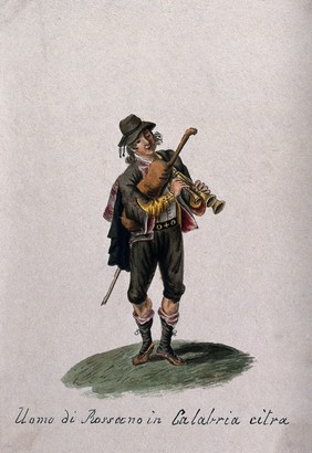 A man from Rossano in Calabria playing the bagpipes. Watercolour.