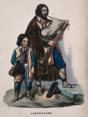 A man accompanied by a child is playing the bagpipes. Coloured lithograph, 18--.