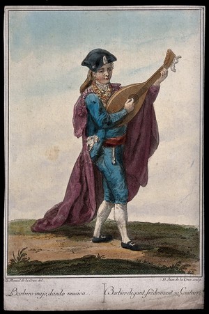 view A barber wearing a long cloak is playing the guitar. Coloured engraving by Juan de la Cruz after Manuel de la Cruz.