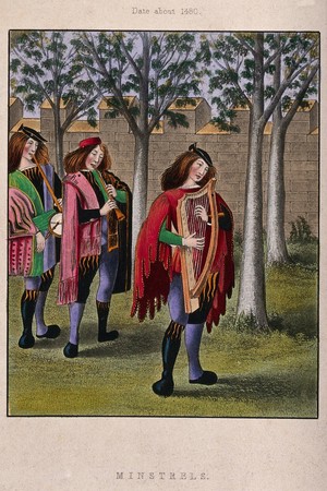 view Three minstrels are playing their instruments as they walk among trees. Coloured engraving after H. Shaw, 1843.