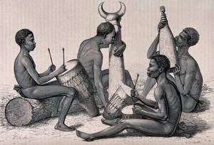 view Four Sudanese musicians playing drums and wind instruments. Wood engraving by H.T. Hildibrand after O. Mathieu after G. Schweinfurth.