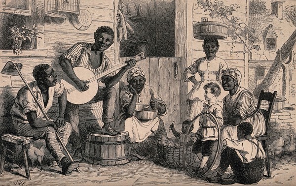 A black family sit outside a house listening to a man play on a banjo, attended by a white boy holding a hoop. Wood engraving by J.W.E.