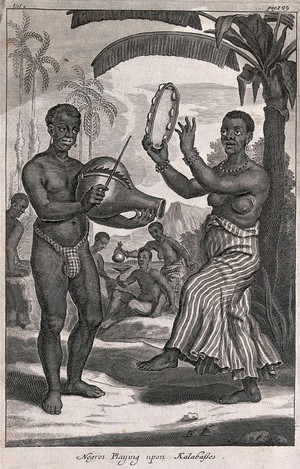 view A man and a woman, both black, play musical instruments. Engraving.