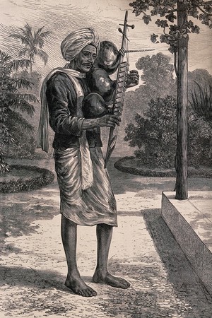 view A man standing in a garden in Madras playing the stick zither or tingadee. Wood engraving, 1876.