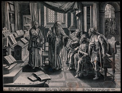 The prophet Elisha, inspired by the music of a minstrel, tells the kings of Israel, Judah and Edom that their lands will be irrigated without the aid of rain or wind. Engraving after Jan van der Straet.