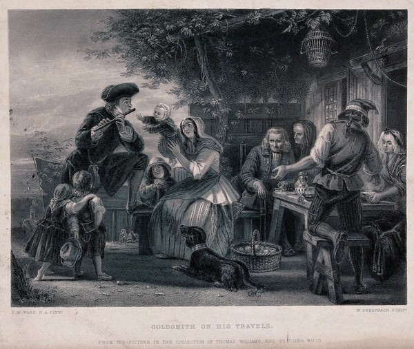 Oliver Goldsmith, as a medical student in Europe, supports himself by playing the flute. Engraving by W. Greatbach after E.M. Ward.
