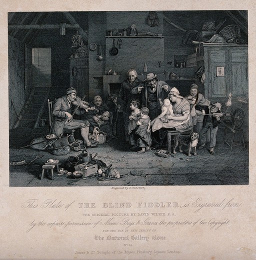 A large family sit and listen to a man playing on a fiddle. Engraving by T. Nicholson after David Wilkie.
