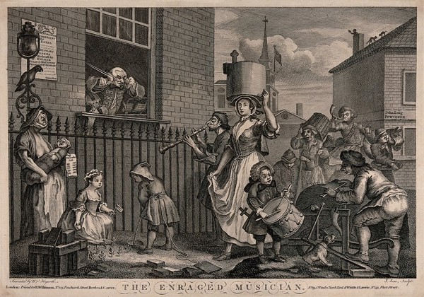 The enraged musician: a street crowd with a ballad singer is creating such a noise that the musician in the window has to put his hands over his ears. Engraving by J. June after W. Hogarth.