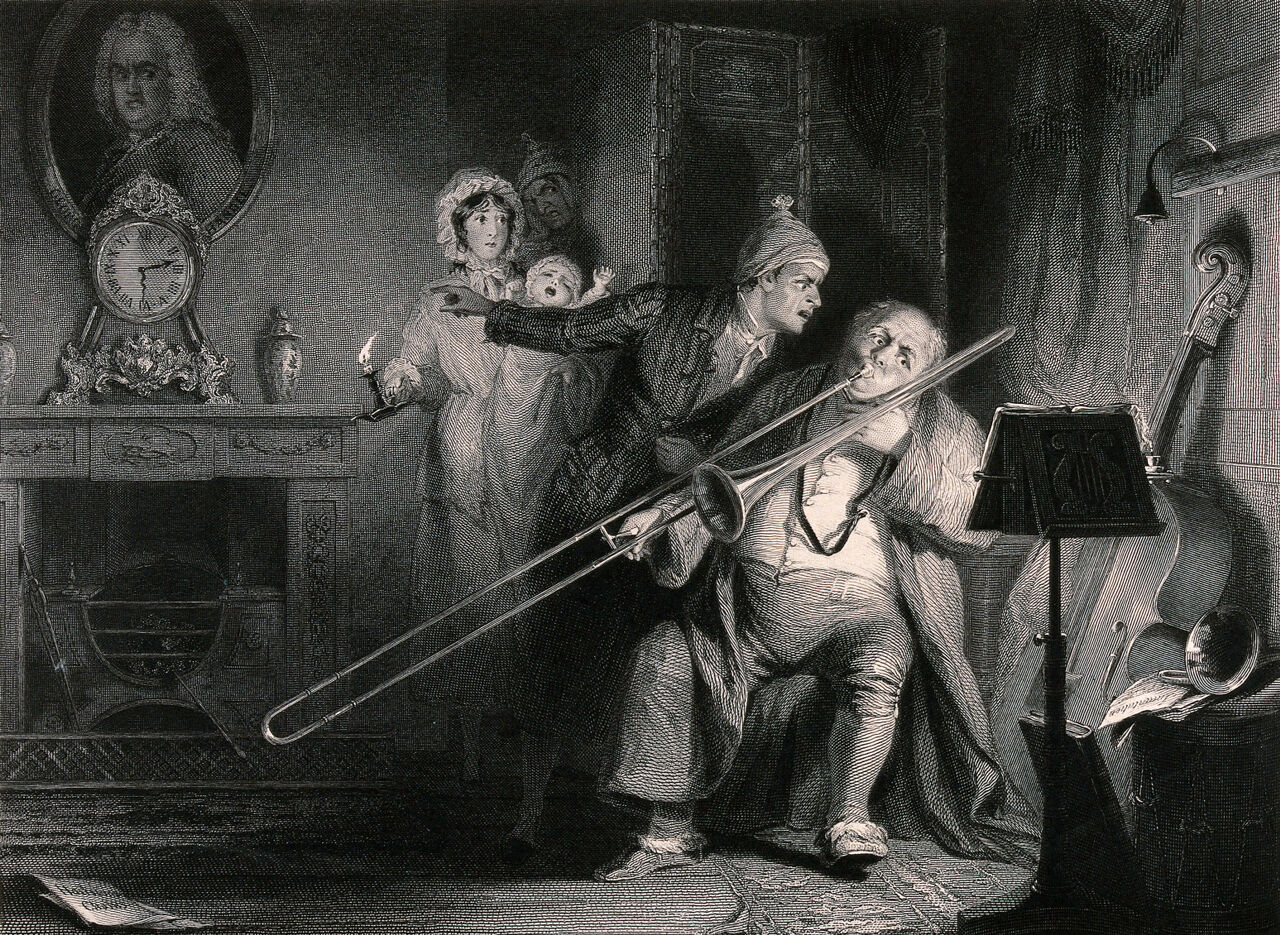 A young man is shouting at a man playing the trombone at 2.30 in the morning, for waking him and his family up during the night. Engraving by Robert Graves, 1834, after R.W. Buss., June 2 1834, by Robert William Buss