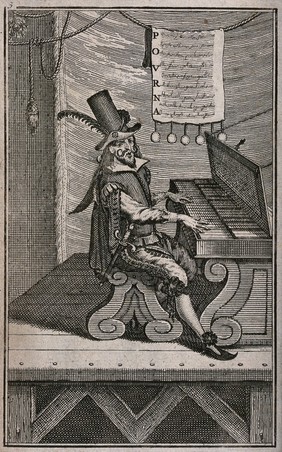 A man is sitting on a stage playing a keyboard instrument; a sheet of music and words is hanging from a line above his head. Etching, 16--.