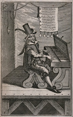 view A man is sitting on a stage playing a keyboard instrument; a sheet of music and words is hanging from a line above his head. Etching, 16--.