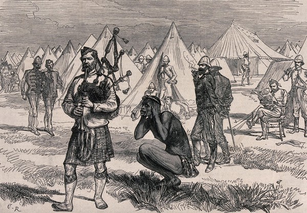 A member of the Royal Scots Fusiliers playing the bagpipes in a camp in the Zulu War; a Zulu man is crouching down with his hands over his ears. Wood engraving by C.Roberts after Melton Prior, 1879.