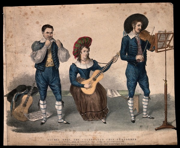 Michel Boai, a "chin performer" (on the guitar?), performing with his associates, his wife playing the guitar and M. Engels playing the violin. Coloured lithograph, ca. 1830.