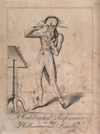 A man playing the violin with the instrument representing his face. Etching attributed to Cruikshank.