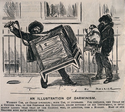An organ-grinder is carrying a very large organ down the street as he passes a fellow musician with a much smaller instrument and a monkey. Wood engraving after Du Maurier.