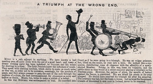 A marching band proceeds along the street, unfortunately the trumpeteer has knocked over the man in front. Process print.