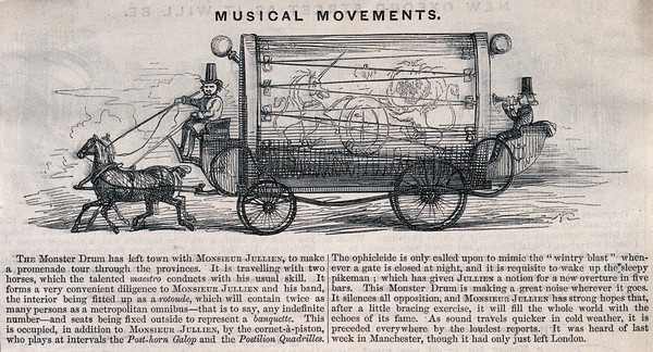 A horse-drawn carriage containing the orchestra of Louis Antoine Jullien is driven at speed along a road. Wood engraving and letterpress.