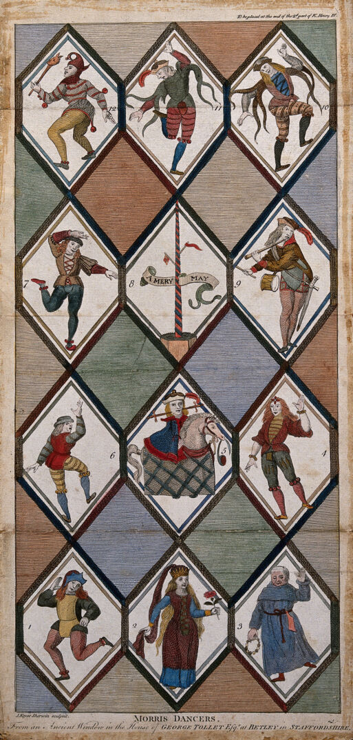 Men and women in dancing and entertainment costume. Coloured engraving by J. Keyse Sherwin.