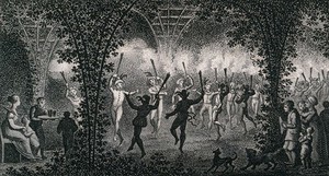 view Men in costume dancing with torches under a pergola by night; a women is served with a drink at the side. Engraving.