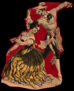 view The Cachucha dance performed by Fanny Cerrito and Arthur Saint-Léon. Coloured lithograph by E.C.F. Guérard, 1845.