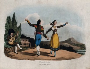 view A Spanish couple are dancing the boleras accompanied by a man playing the guitar. Coloured aquatint by J. Clark after Revd. William Bradford.