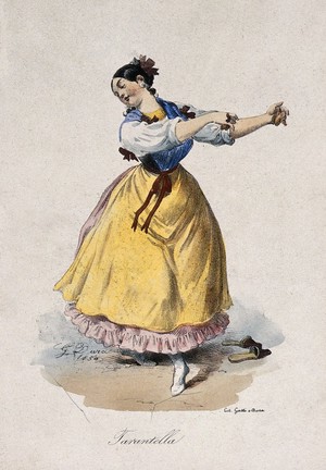 view A young woman dancing the tarantella. Coloured lithograph by G. Dura.