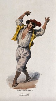 A young man dancing the tarantella. Coloured lithograph by G. Dura.
