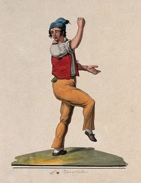 A young man dancing the tarantella. Watercolour.
