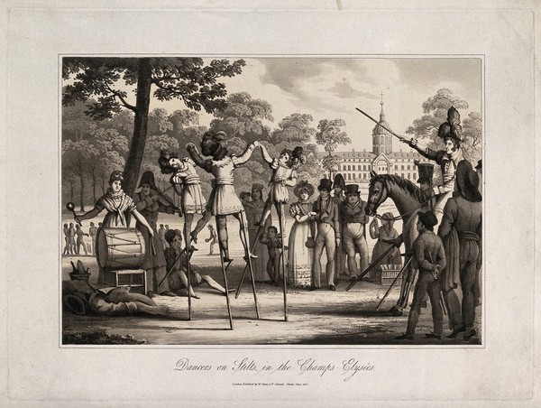 Champs-Elysées, Paris: people are dancing on stilts to the music of the drum and the violin, watched by passers-by. Aquatint.