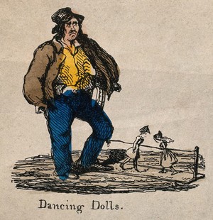 view A man has two dancing dolls on a board, controlled by a string attached to his leg. Coloured etching.