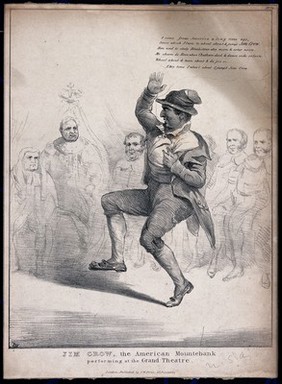 Thomas D. Rice performing the "Jump Jim Crow" song and dance in front of British members of the House of Lords. Lithograph by I.H..