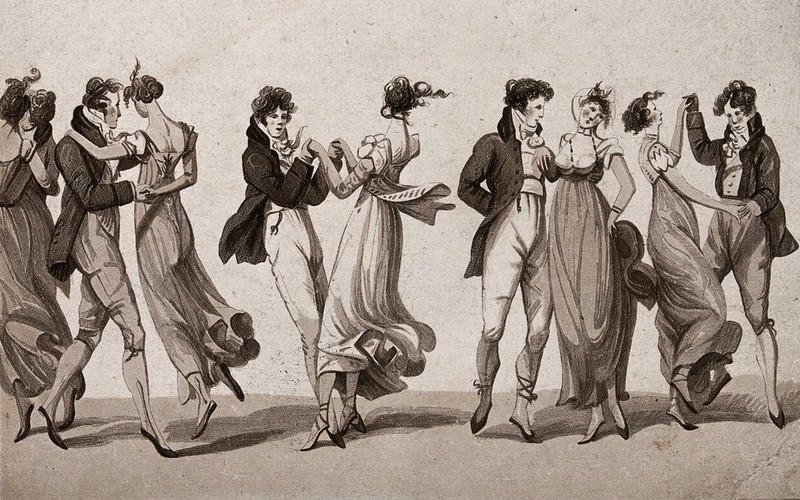 Couples dancing the waltz. Aquatint.