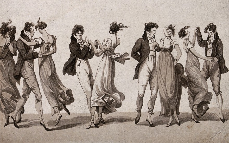 Couples dancing the waltz. Aquatint.